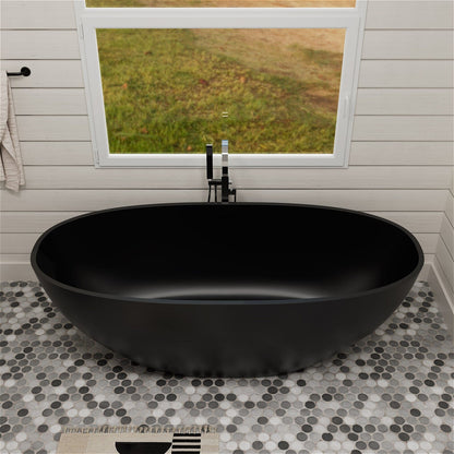 55'' Solid Surface Stone Resin Oval-shaped Freestanding Soaking Bathtub with Overflow