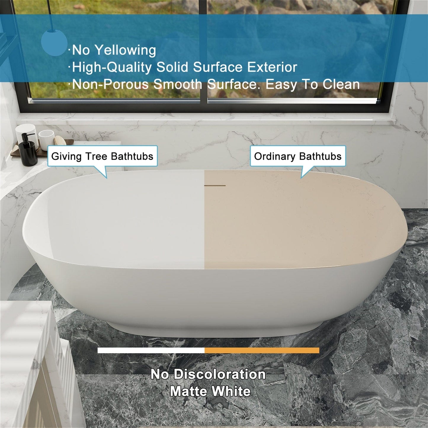 63'' Modern Freestanding Soaking Tub Solid Surface Stone Resin Bathtub Rounded Rectangle