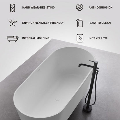 63'' Solid Surface Stone Resin Oval-shaped Matte White Freestanding Soaking Bathtub with Overflow