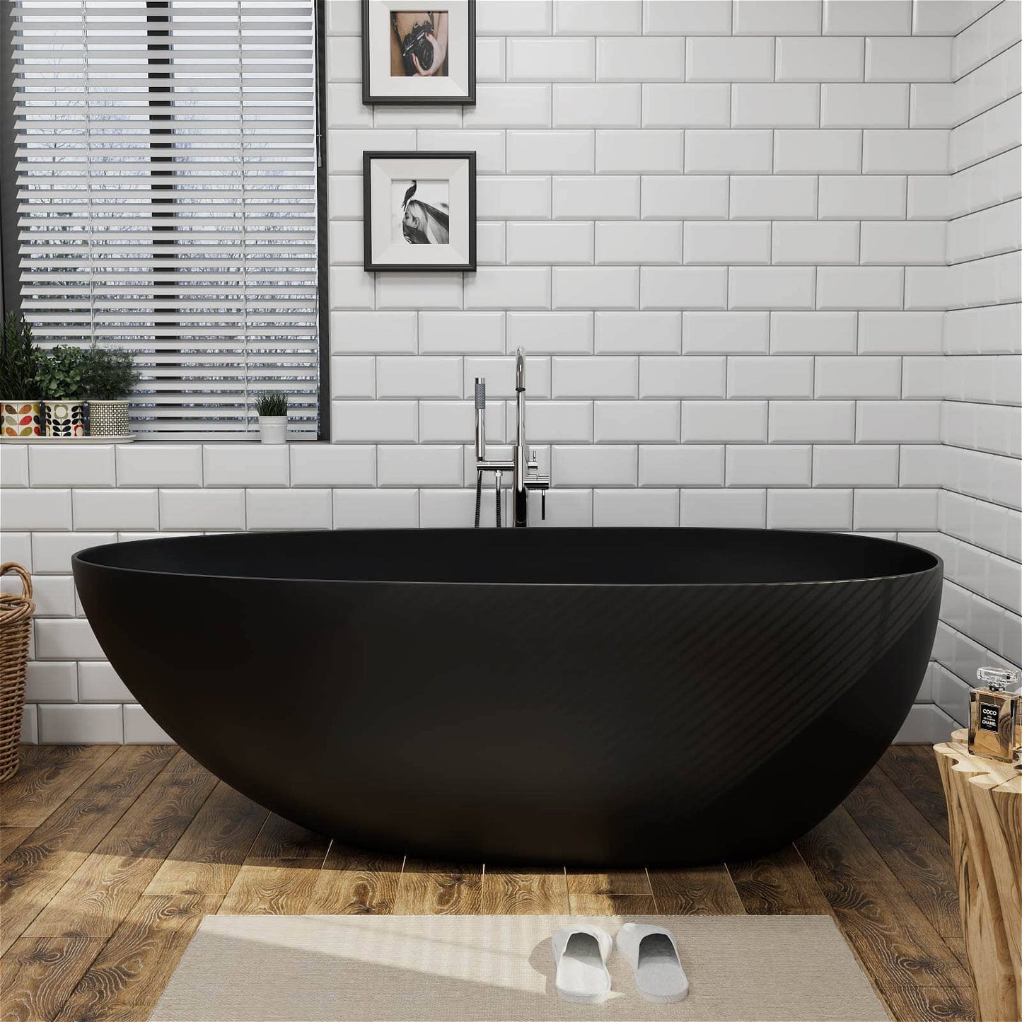 59"/67" Black Bathtub Egg Shaped Solid Surface freestanding Soaking Tub