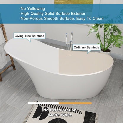 66'' Single Slipper Tub Solid Surface Stone Resin Freestanding Soaking Bathtub Comfortable Backrest