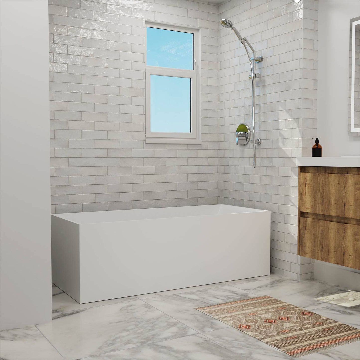 67'' Solid Surface Stone Resin Rectangular Freestanding Soaking Bathtub with Ergonomic Backrest