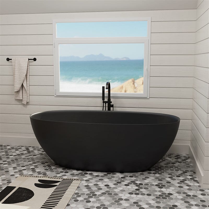 65'' Solid Surface Stone Resin Modern Oval Shaped Freestanding Soaking Bathtub with Overflow