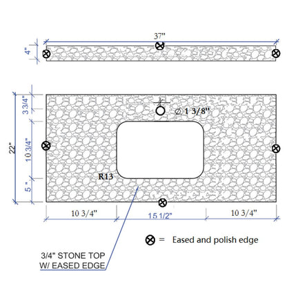 37 inches bathroom stone vanity top calacatta gray engineered marble color with undermount ceramic sink and single faucet hole with backsplash