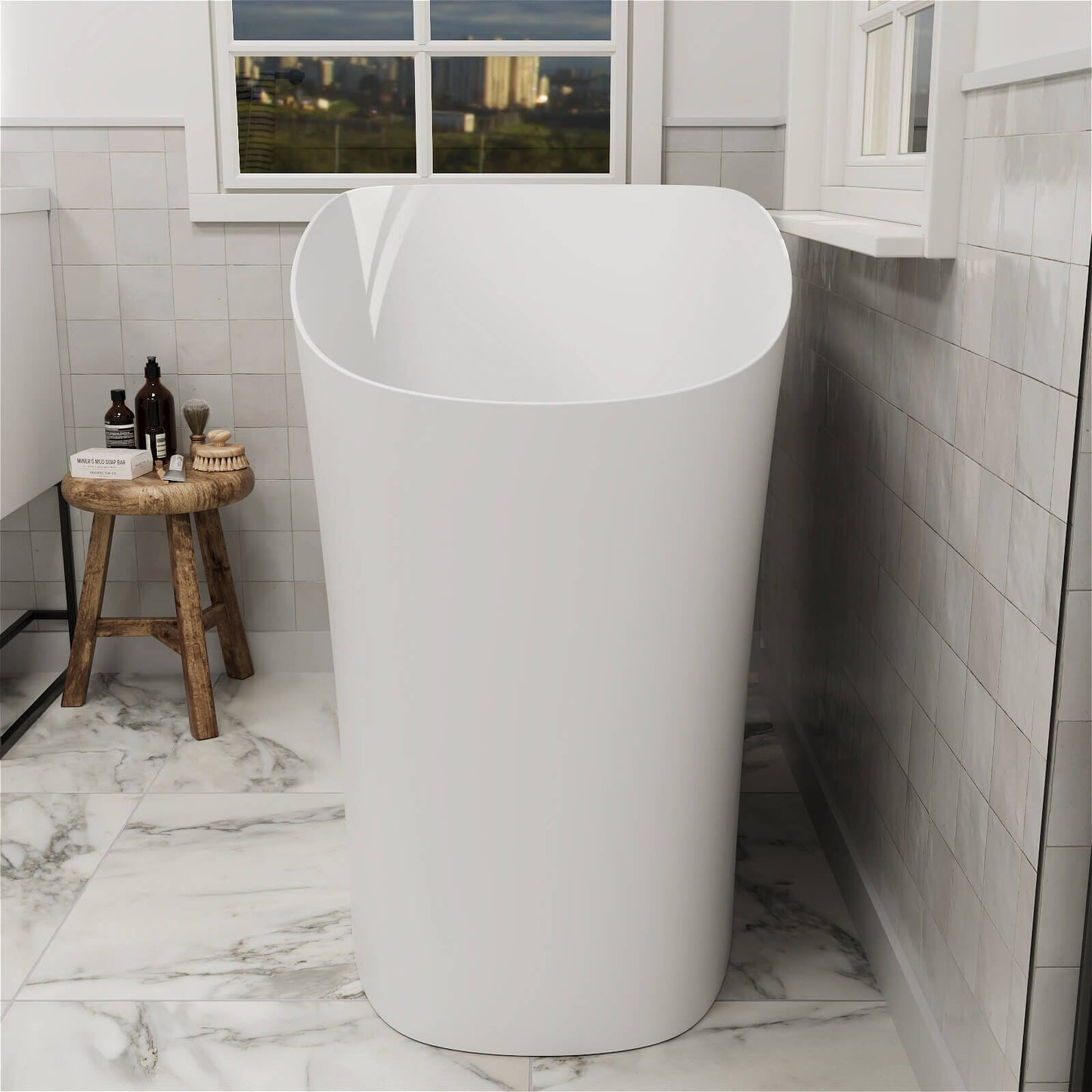 47" Single Slipper Freestanding Japanese Soaking Bathtub Solid Surface Stone Resin Tub with Built-in Seat