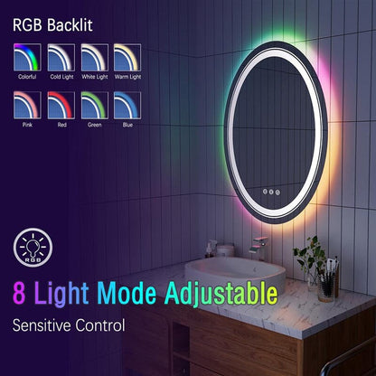 Oval 32'' RGB LED Light Bathroom Vanity Mirror Frameless Anti-fog