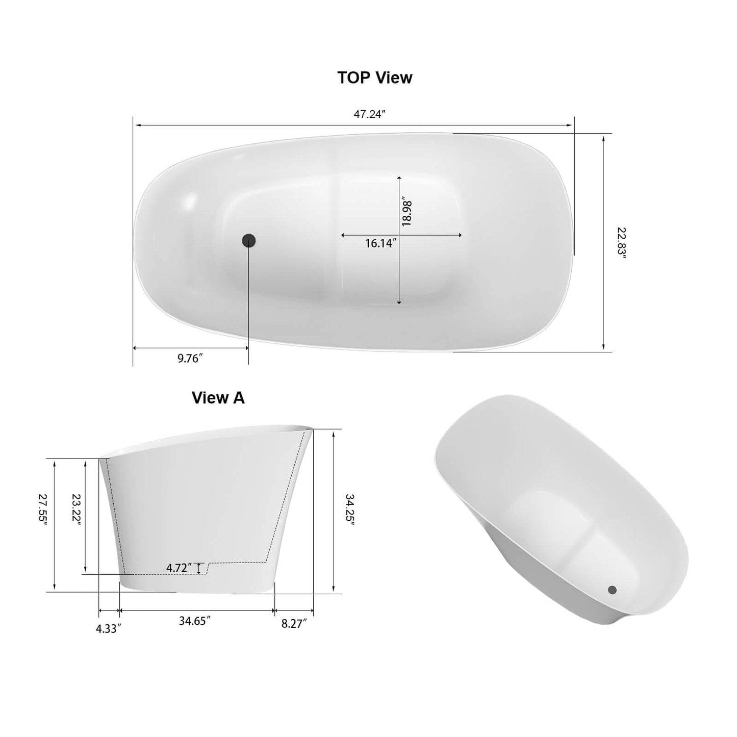 47" Single Slipper Freestanding Japanese Soaking Bathtub Solid Surface Stone Resin Tub with Built-in Seat