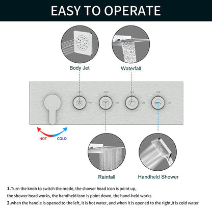 23'' Wall Mounted Waterfall Rain Shower System With 3 Body Sprays & Hand Shower