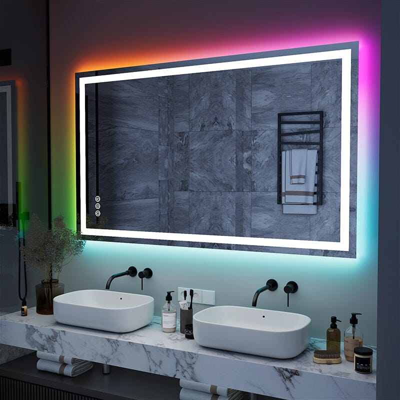 RGB LED Light Bathroom Vanity Mirror Rectangular Frameless Anti Fog