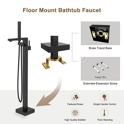 Matte Black Freestanding Bathtub Faucet Floor Mount Tub Filler Single Handle with Hand Shower