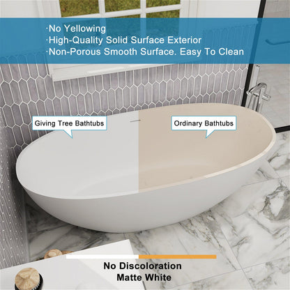 55'' Solid Surface Stone Resin Oval-shaped Freestanding Soaking Bathtub with Overflow