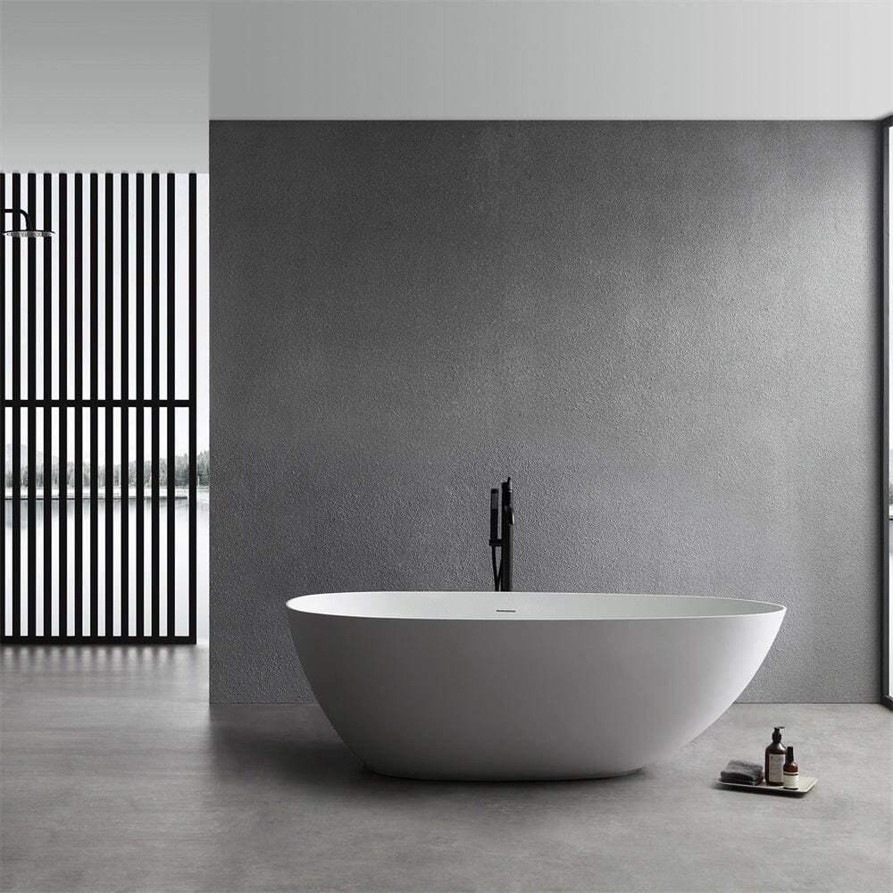 67'' Solid Surface Stone Resin Oval-shaped Matte White Freestanding Soaking Bathtub with Overflow