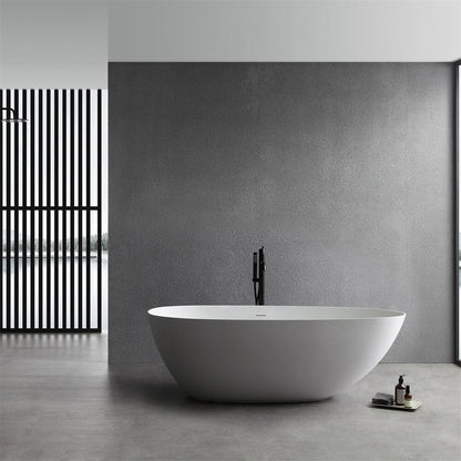 67'' Solid Surface Stone Resin Oval-shaped Matte White Freestanding Soaking Bathtub with Overflow