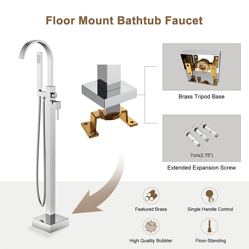 Floor Mounted Tub Faucet Single Handle Swivel Spout Bathtub Filler with Hand Shower