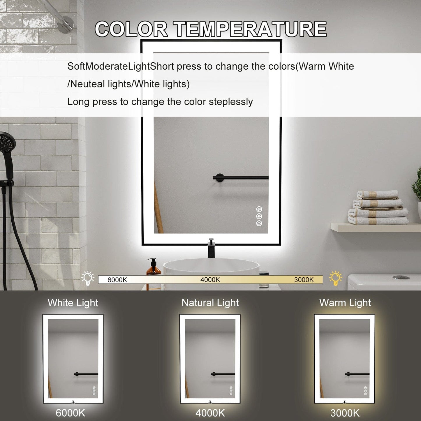 28"/32"/36"/40" LED Bathroom Mirror with Black Frame, Anti-Fog, Shatter-Proof, Memory, 3 Colors