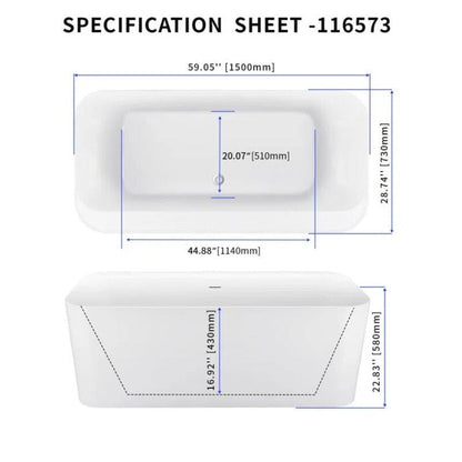 59" Acrylic Rectangle Shape Flatbottom Freestanding Bathtub White