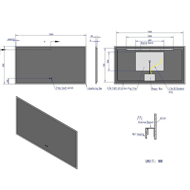 LED Light Bathroom Vanity Mirror Large Rectangular Frameless Anti Fog