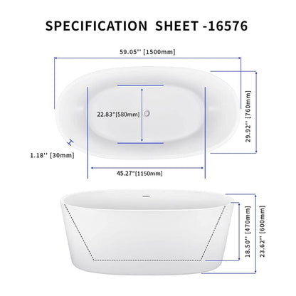 59" Acrylic Modern Bathtub Oval Shape Freestanding Soaking Tub