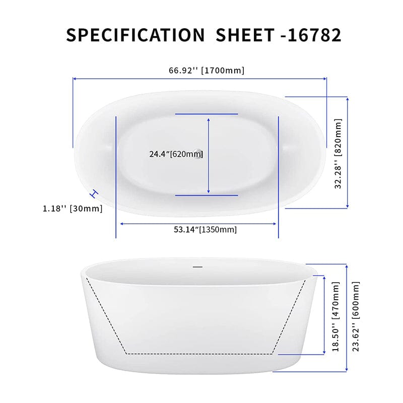 67" Acrylic Modern Bathtub Oval Shape Freestanding Soaking Tub