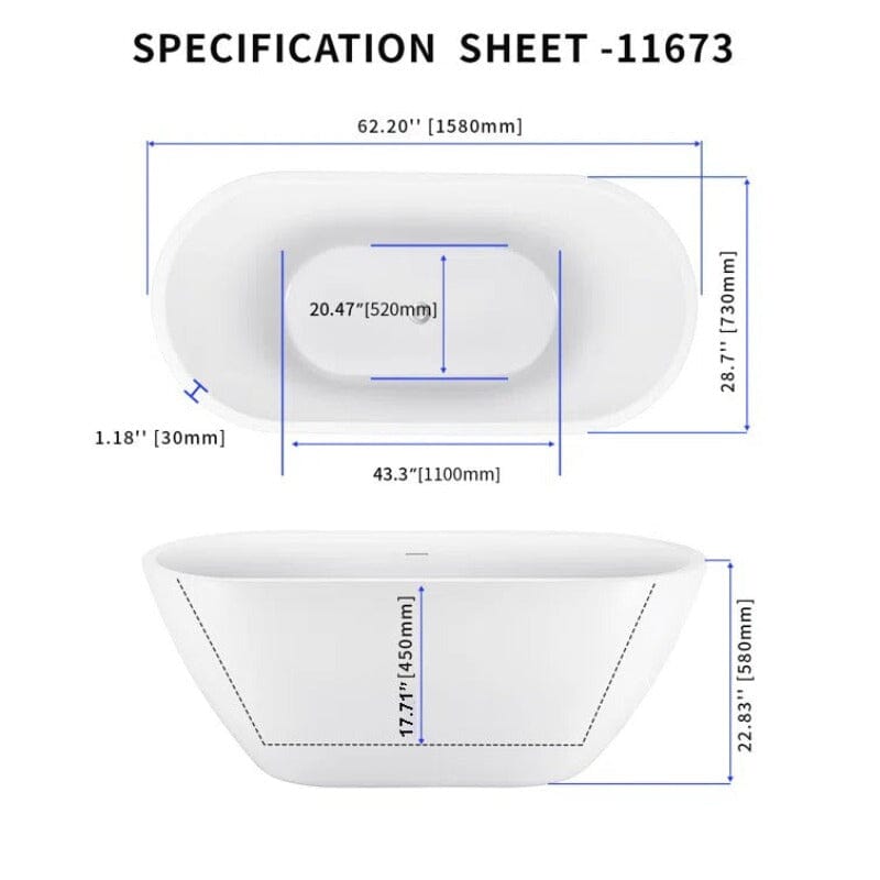 62 x 28 In Oval Freestanding Soaking Bathtub Acrylic White