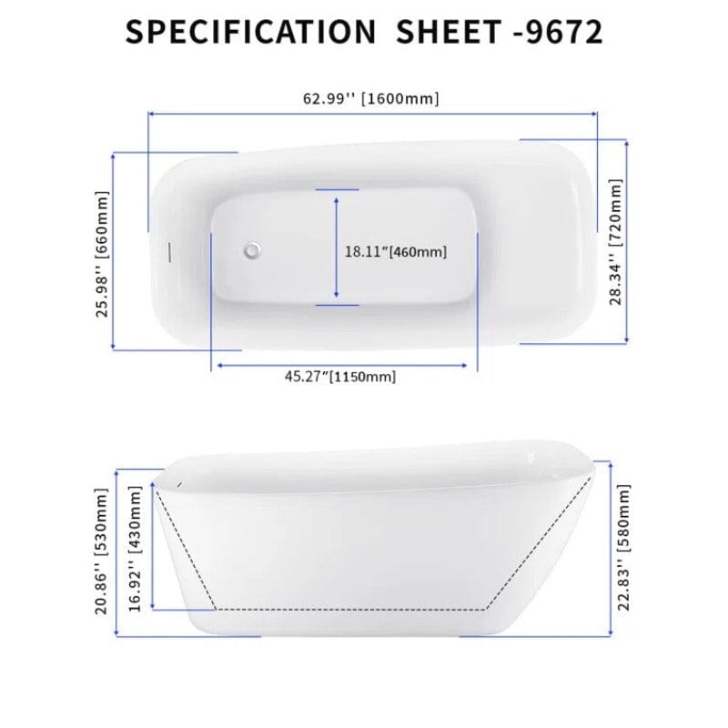 63" Acrylic Single Slipper Tub Freestanding Soaking Bathtub