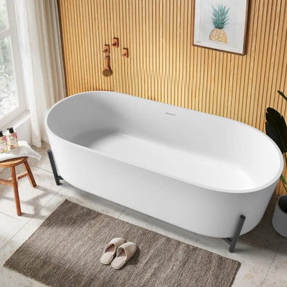 63'' Solid Surface Stone Resin Bathtub Oval Shaped Freestanding Soaking Tub with Support Frame