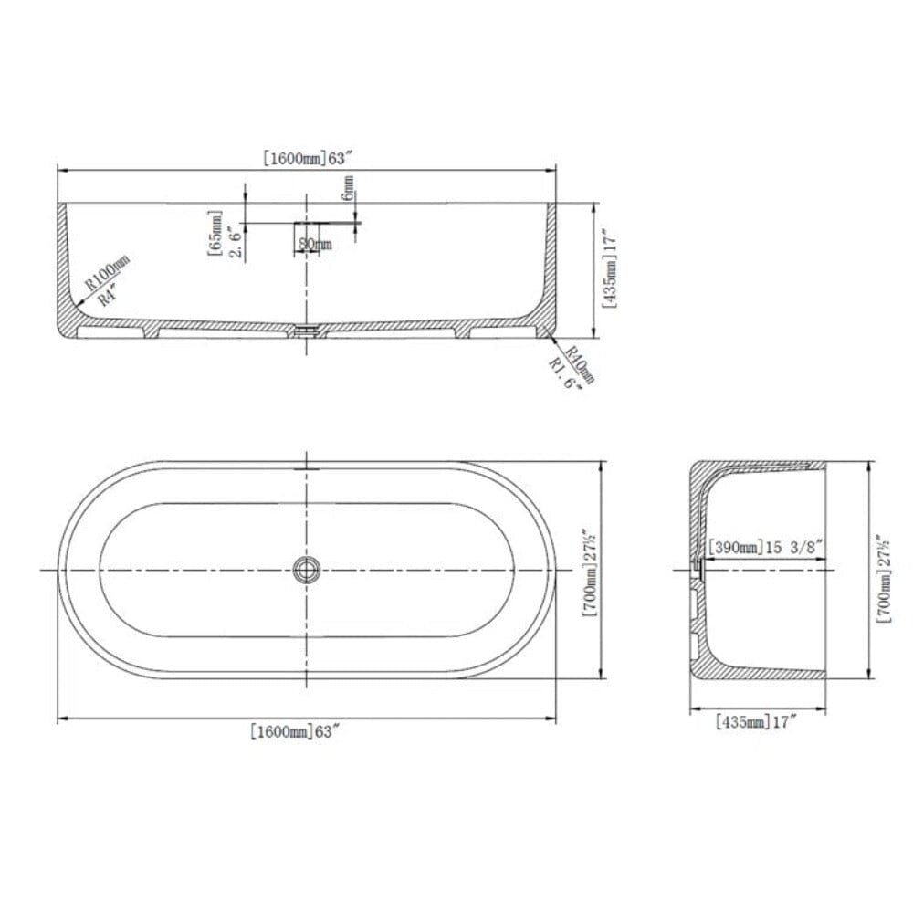 63'' Solid Surface Stone Resin Bathtub Oval Shaped Freestanding Soaking Tub with Support Frame