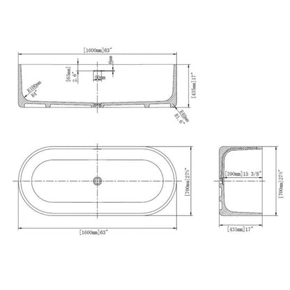 63'' Solid Surface Stone Resin Bathtub Oval Shaped Freestanding Soaking Tub with Support Frame