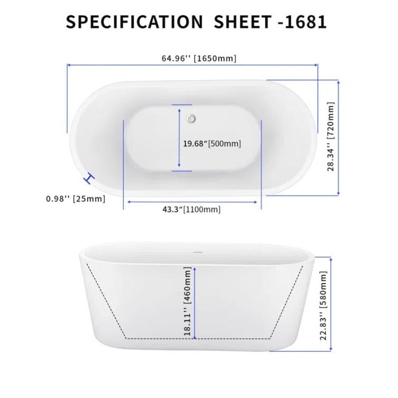 65" Acrylic Oval Flatbottom Freestanding Soaking Bathtub in Glossy White