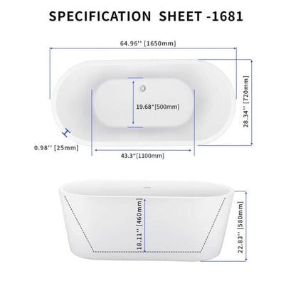 65" Acrylic Oval Flatbottom Freestanding Soaking Bathtub in Glossy White