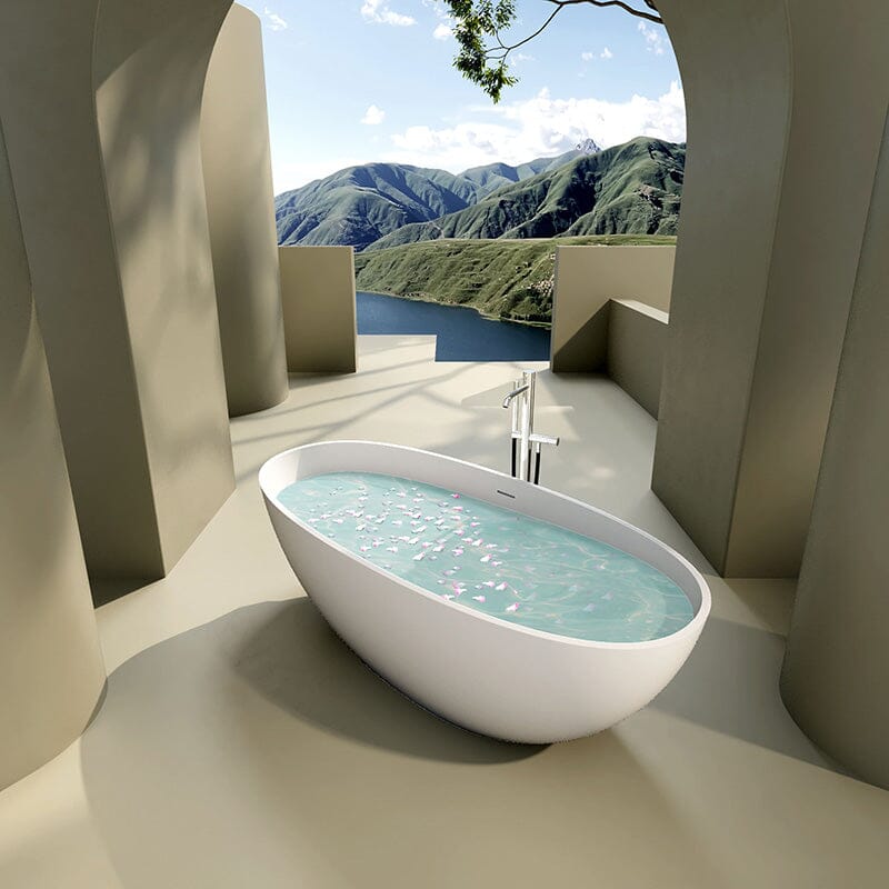 65'' Modern Freestanding Soaking Bathtub Solid Surface Stone Resin Oval Shaped