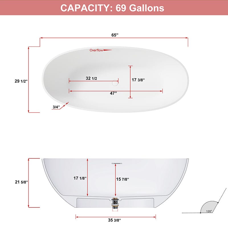 65'' Modern Freestanding Soaking Bathtub Solid Surface Stone Resin Oval Shaped