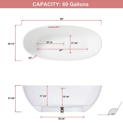 65'' Modern Freestanding Soaking Bathtub Solid Surface Stone Resin Oval Shaped