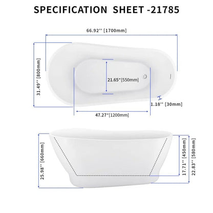 67" Acrylic Single Slipper Tub Curve Shape Freestanding Bathtub