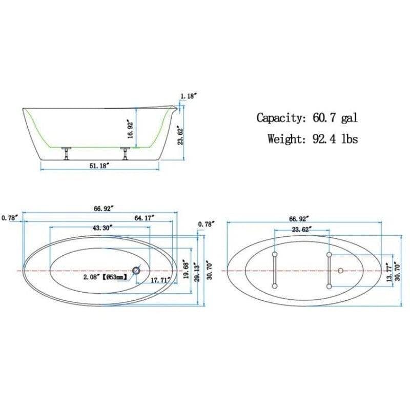 67" Acrylic Oval Modern Freestanding Soaking Bathtub White