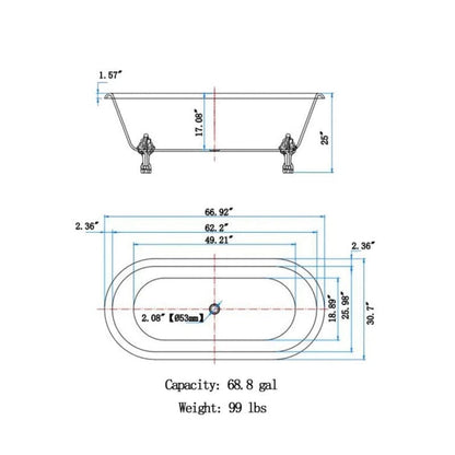 67'' Acrylic Double-Slipper Clawfoot Bathtub Freestanding Soaking Tub with Drain