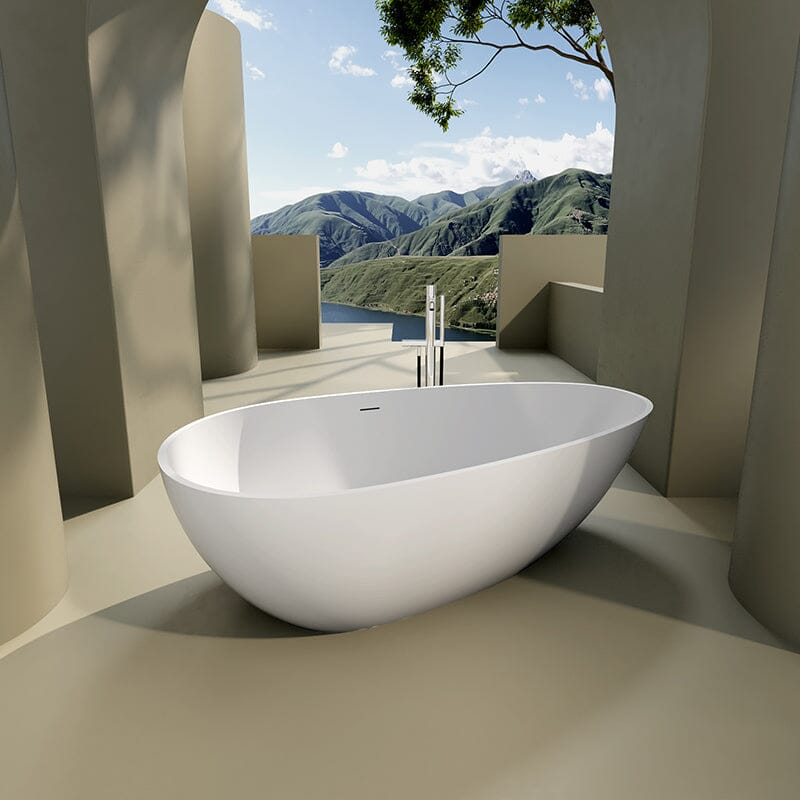 67'' Solid Surface Stone Resin Oval-shaped Matte White Freestanding Soaking Bathtub with Overflow