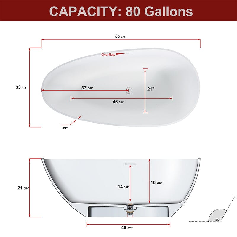 67'' Solid Surface Stone Resin Oval-shaped Matte White Freestanding Soaking Bathtub with Overflow