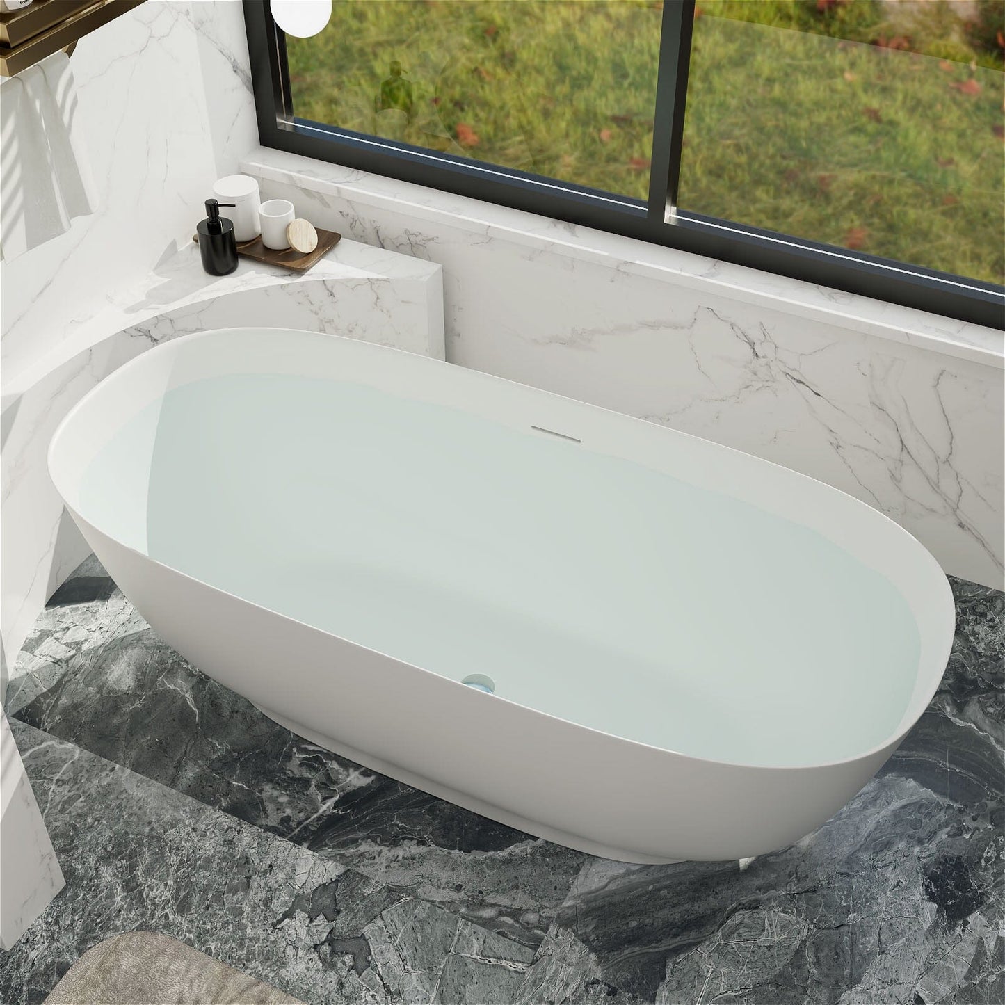 63'' Modern Freestanding Soaking Tub Solid Surface Stone Resin Bathtub Rounded Rectangle