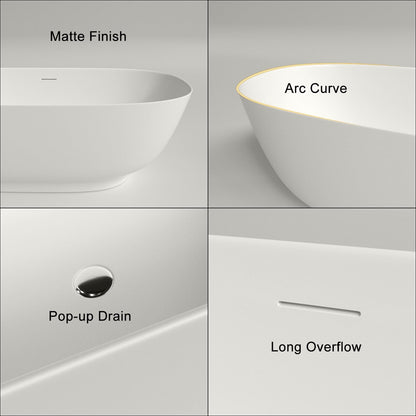 63'' Modern Freestanding Soaking Tub Solid Surface Stone Resin Bathtub Rounded Rectangle