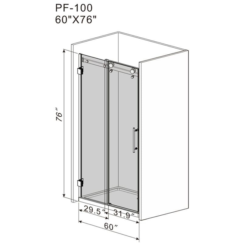 60'' x 76'' Frameless Tempered Glass Bathroom Shower Door, Square Track Large Rollers