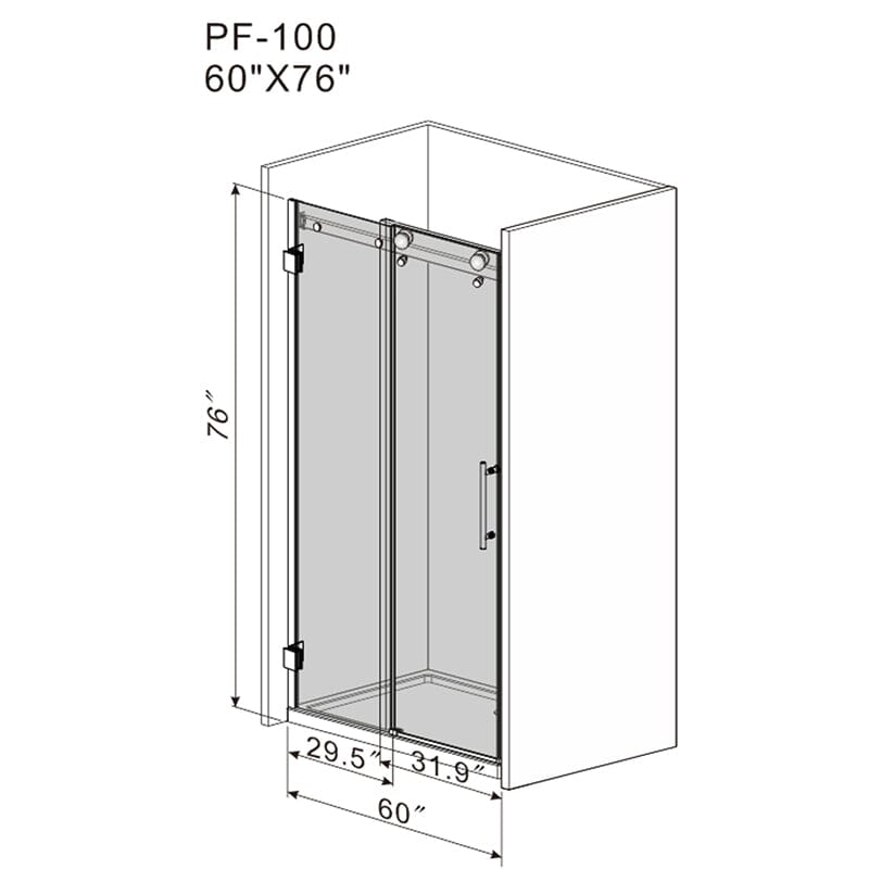 60'' x 76'' Frameless Tempered Glass Bathroom Shower Door, Square Track Large Rollers