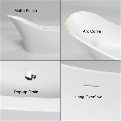 66'' Single Slipper Tub Solid Surface Stone Resin Freestanding Soaking Bathtub Comfortable Backrest