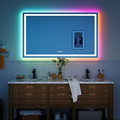 RGB LED Light Bathroom Vanity Mirror Rectangular Frameless Anti Fog