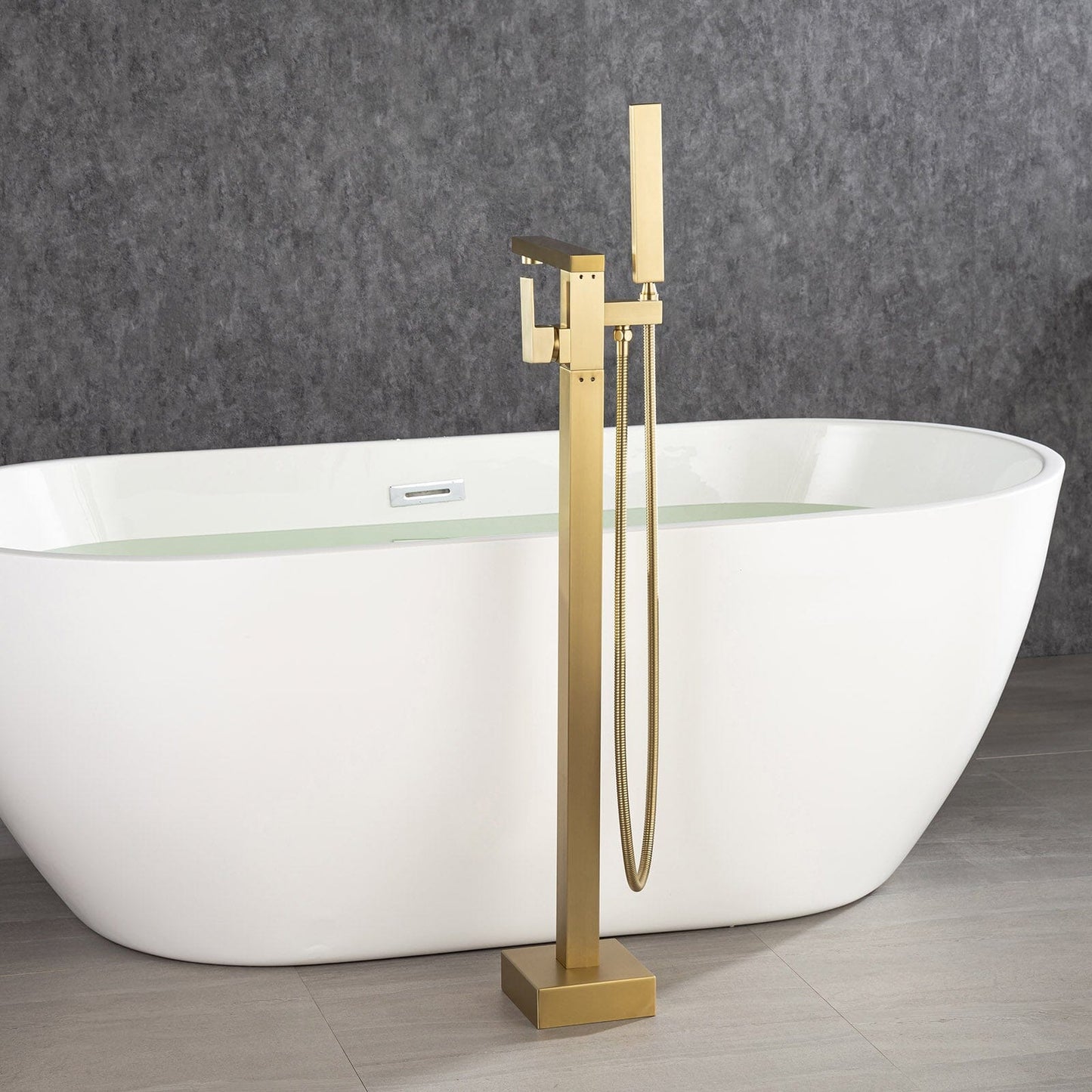 180° Rotation Brushed Gold Modern Freestanding Tub Filler Faucet with Hand Shower