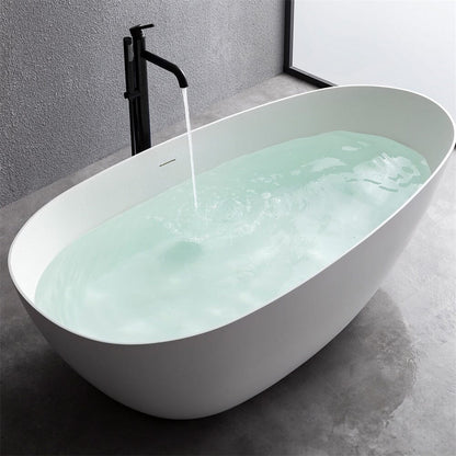 67'' Solid Surface Stone Resin Oval-shaped Matte White Freestanding Soaking Bathtub with Overflow