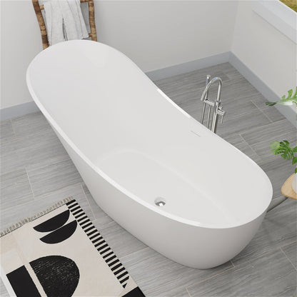 66'' Single Slipper Tub Solid Surface Stone Resin Freestanding Soaking Bathtub Comfortable Backrest