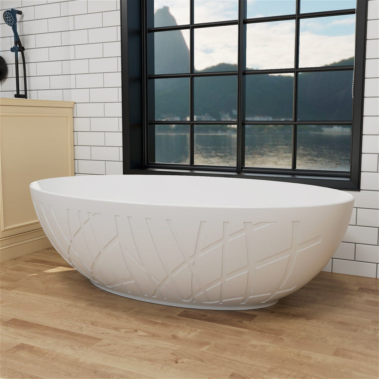 67'' Large Oval Tub Solid Surface Stone Resin Freestanding Soaking Bathtub