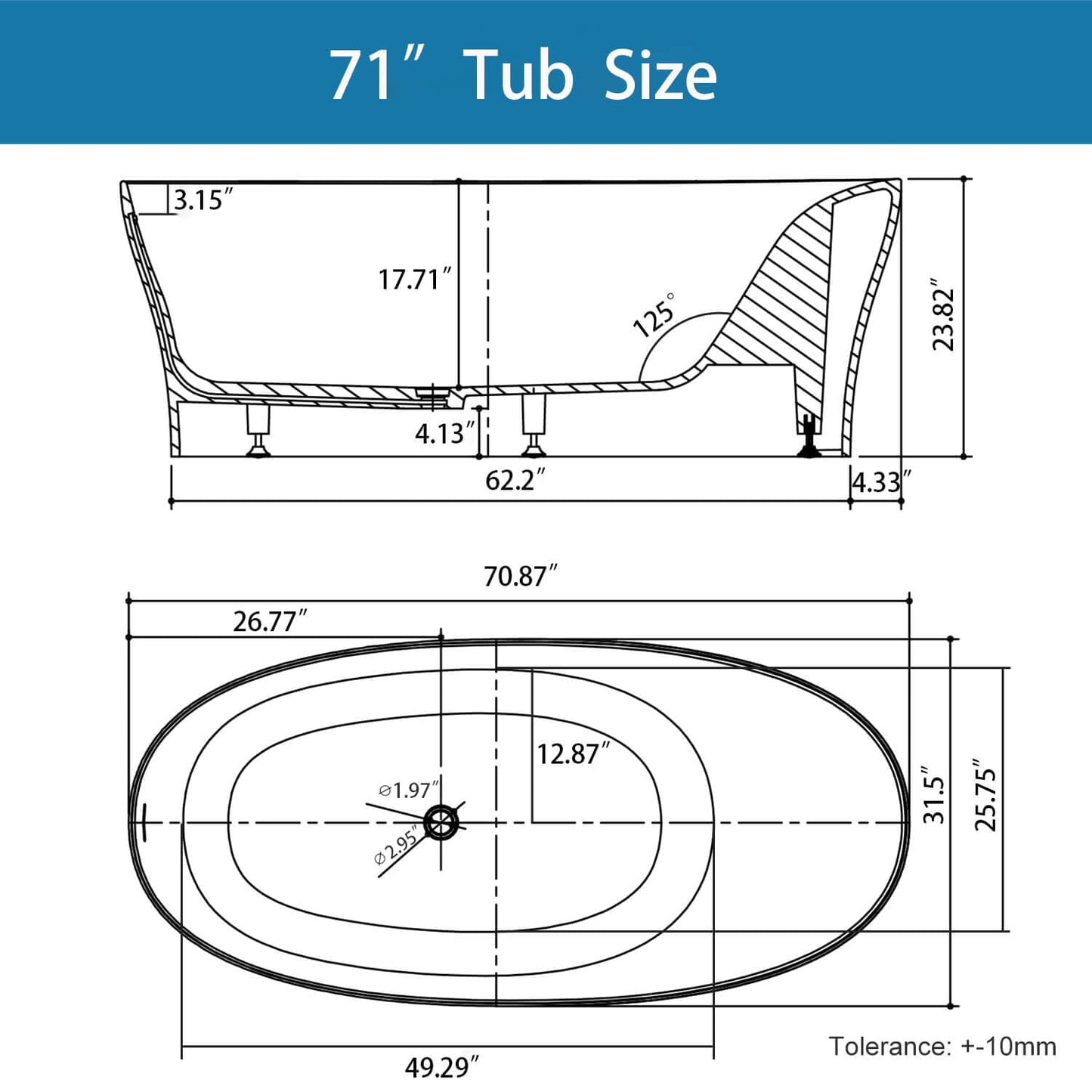 63"/67"/71'' Solid Surface Stone Resin Freestanding Soaking Bathtub Comfortable Backrest Design
