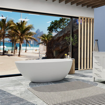 67'' Solid Surface Stone Resin Modern Egg Shaped Freestanding Soaking Bathtub with Overflow